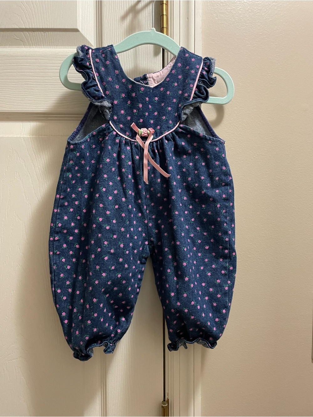 Tiny Tot Cottagecore Denim Floral Romper with Pink Accent